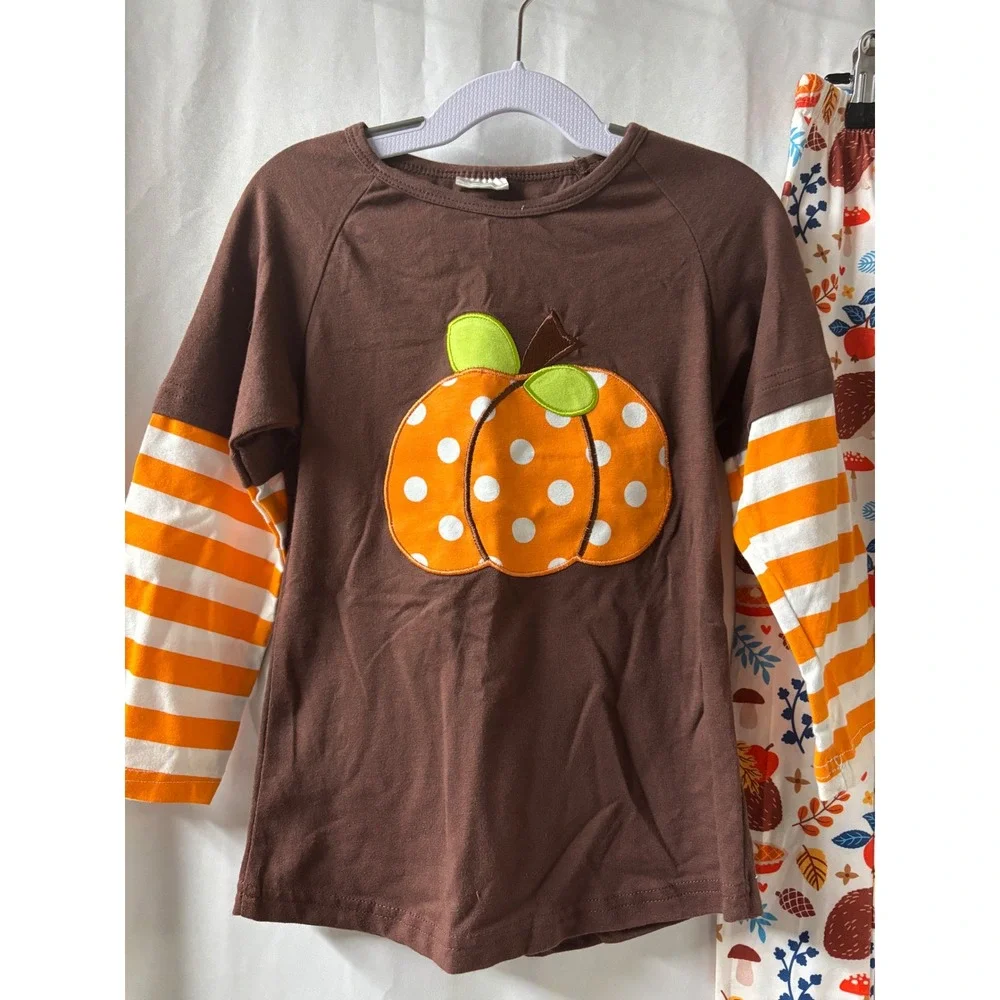 Pumpkin Appliqué Shirt &‎ Fall Pumpkin Themed Leggings NWOT Girl's 5T